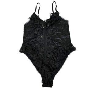 Vintage Chic Lingerie Co Teddy Bodysuit Size L Black Lace Ruffle Trim Sheer